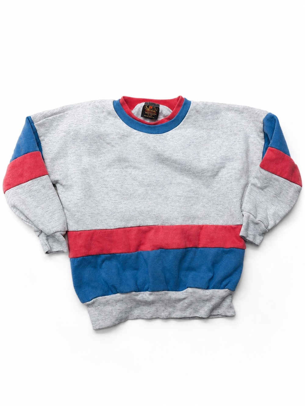 Vintage 80s Colorblock Sweatshirt Kids Heather Gray Pink Blue